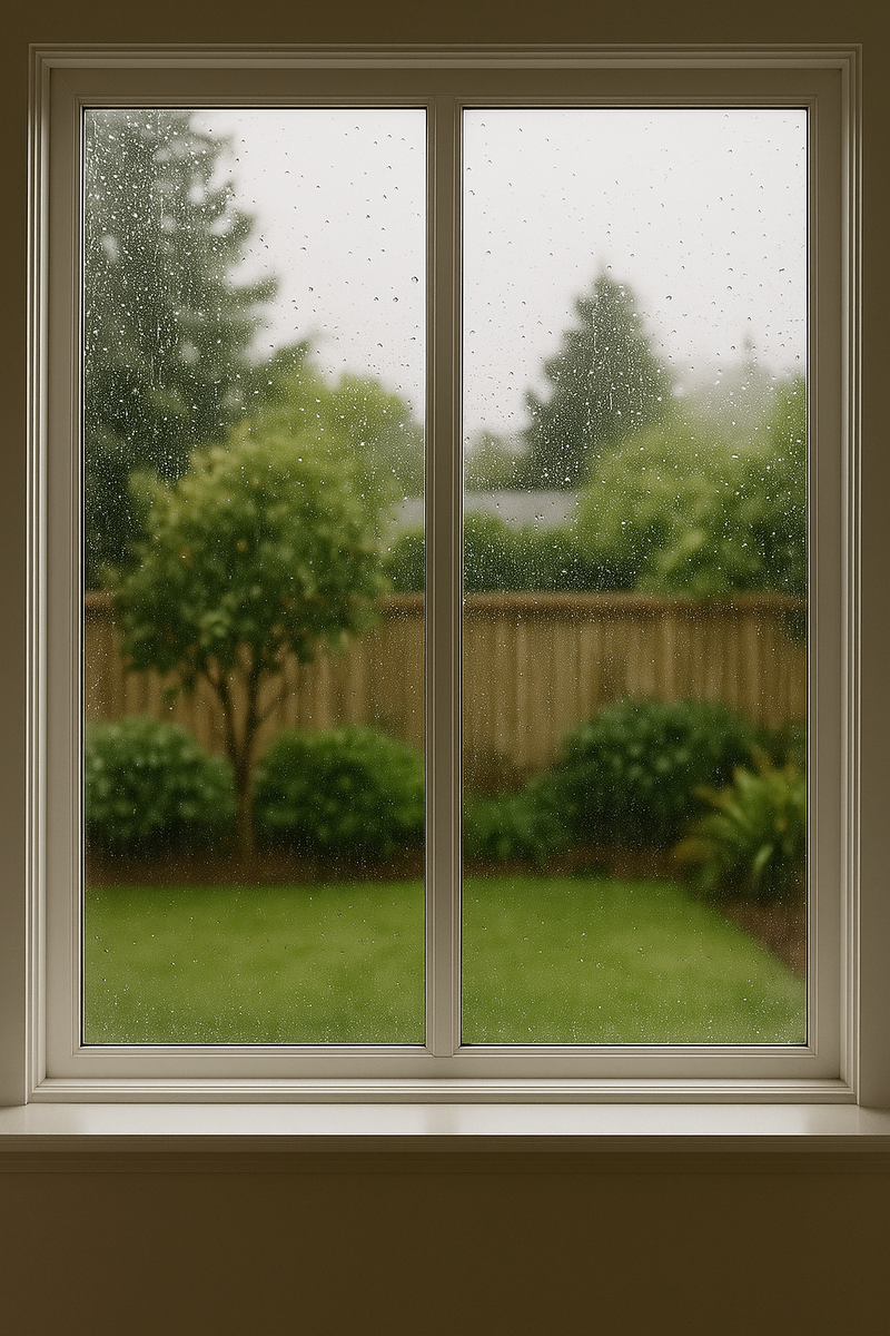 view out a window to a garden on a rainy day